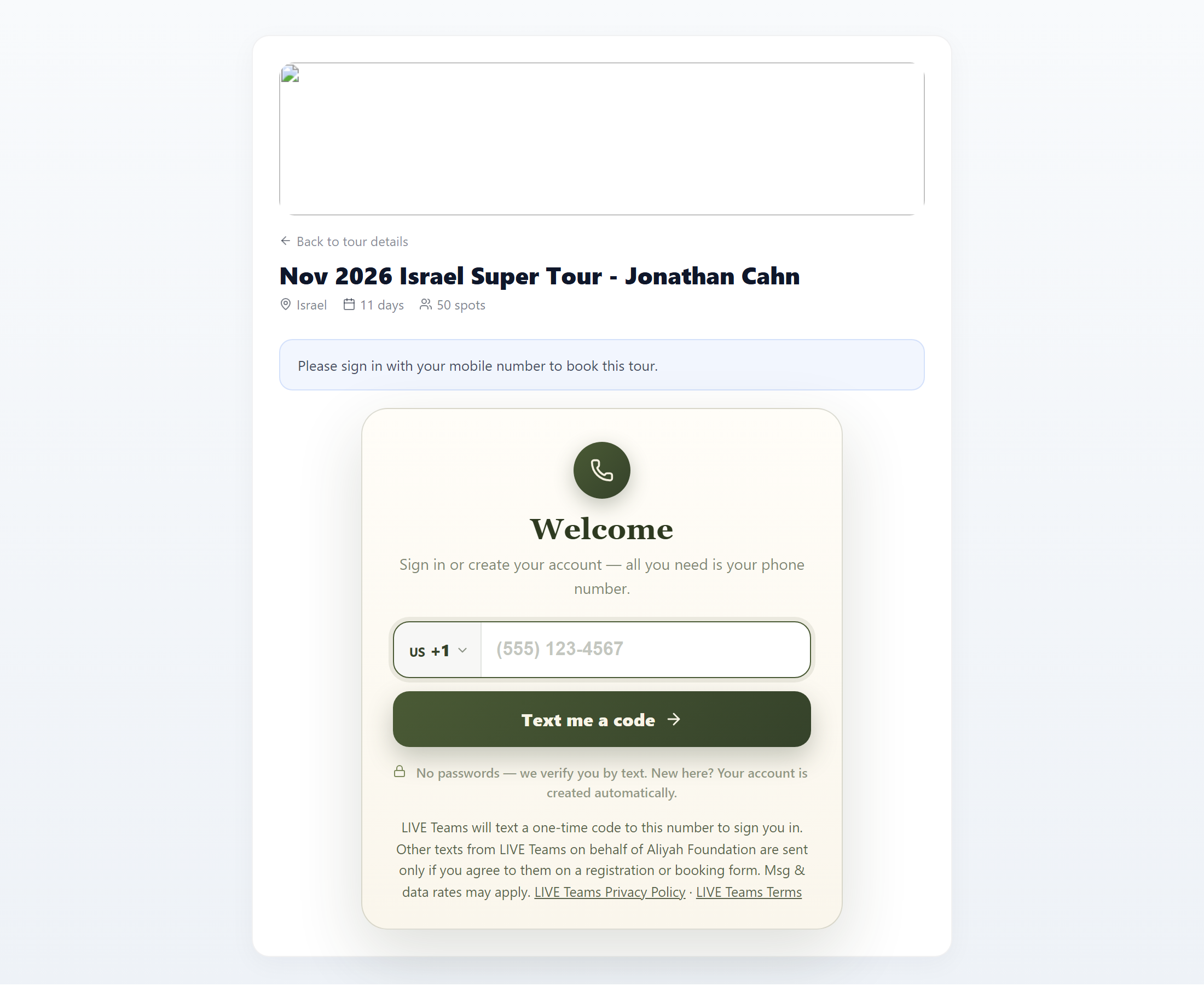 The tour booking page asking the visitor to sign in with a mobile number, explaining that LIVE Teams texts a one-time code and that other texts are sent only if the person agrees to them on a form.