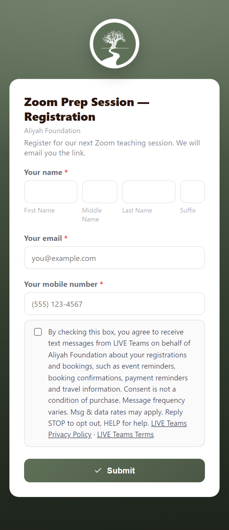 The same registration form on a phone-sized screen, with the unticked text-message box beneath the mobile number field.