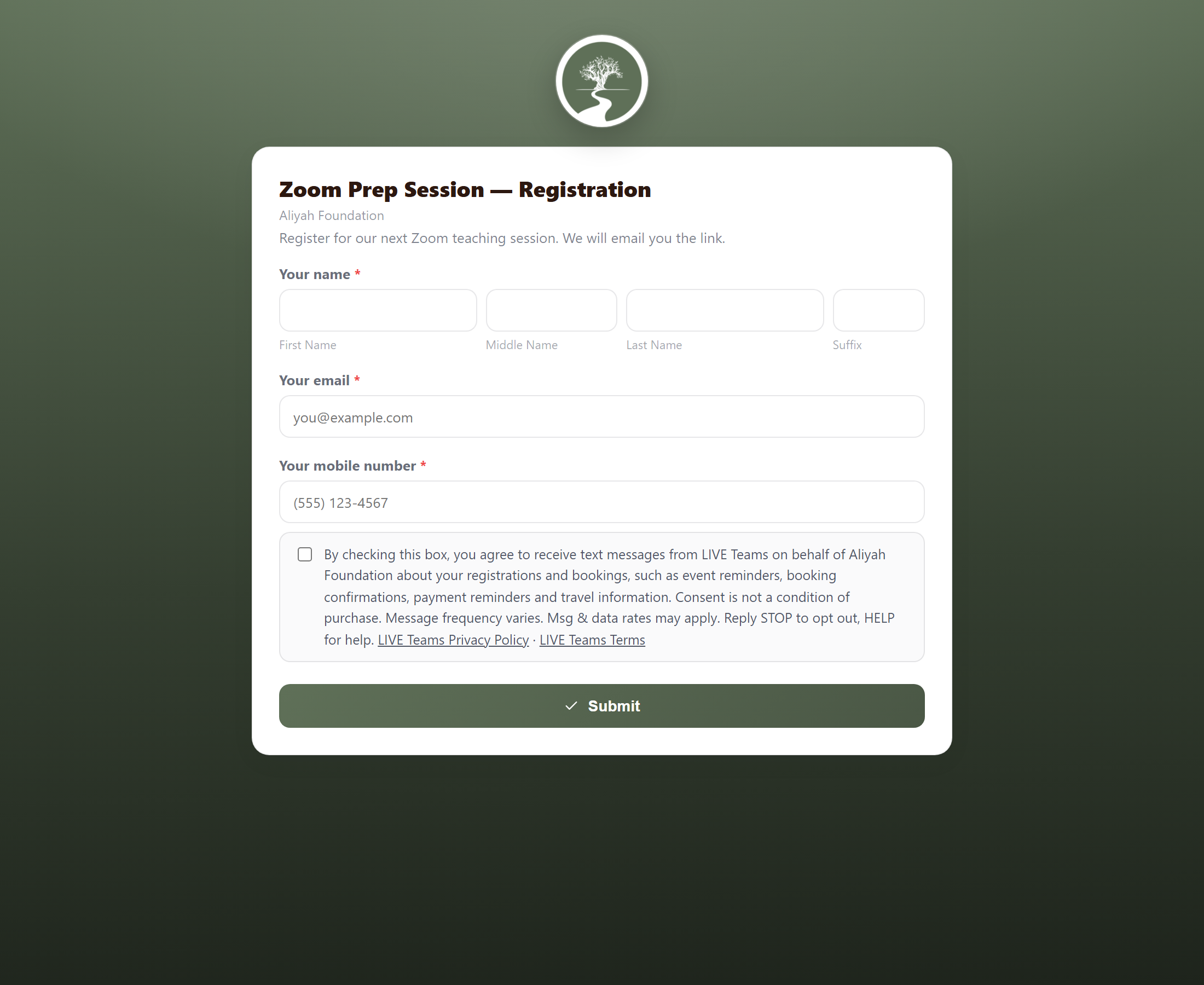 The Zoom Prep Session registration form with an unticked text-message box beneath the mobile number field.